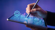© remake - Business management and project planning on a tablet with stylus. Digital workflow automation, analytics, growth chart, schedule, team collaboration and process integration for corporate productivity