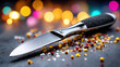 ©  VladaToday - Stainless scalpel blade closeup on tabletop with scattered colorful spices for product and culinary background