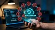© Homestock Studio - Hand holding smartphone with AI Hallucination digital interface surrounded by warning icons over a blurred background of a laptop with code