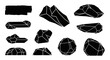 © DOG2 - Collection of black geometric crystal shapes isolated on white background.