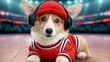 © coco - Adorable Corgi Dog Dressed in Basketball Outfit with Headphones on the Street in Neon Lights
