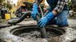 © Umnat - Professional worker using a hose and blue gloves to extract sewage from a septic tank opening.