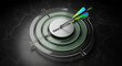 © Hammad - Innovation target concept with dart hitting bullseye, metallic business goal achievement, corporate strategy success on dark marble background