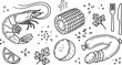 © S O H A G - Seafood boil line icons vector set featuring fresh shrimp corn cob sausage lemon potato parsley and cutlery elements.