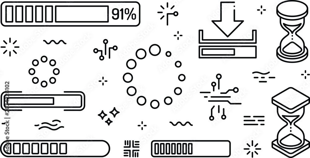 Loading Progress Broken Line Loading progress bar icon set line art doodle vector illustration with ...