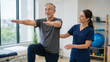 © Cantarela - Elder man exercising with physical therapist. Professional helping senior patient perform balance training. Rehabilitation session in medical clinic for recovery, health and wellness.