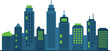 © Mousumi - Panoramic downtown city buildings silhouette with minimalist office towers for financial district background and corporate business concepts in clean flat vector art,