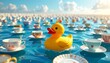 © Linastudio - Giant yellow rubber duck floats serenely across a vast sea of delicate teacups and saucers under a clear blue sky