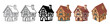 © Sophia - Medieval half-timbered house building icons in various styles including sketch, outline, silhouette, flat, low poly, and isometric vector illustration