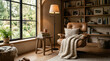 © elkhan - A cozy and inviting home interior with a comfortable leather armchair, books, and a large window overlooking a serene garden.