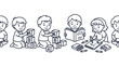 © hasna - Black and white coloring page of children playing and studying.
