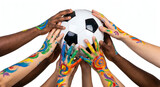 Diverse group of colorful painted hands touching a classic soccer ball, global unity and sports teamwork concept isolated on white background.