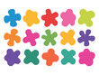 © Astra Stella - A colorful arrangement of flower-shaped objects in various hues on a white background