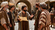 © NaesyaStudio - A group of men gathered in a bustling marketplace, listening intently to a speaker holding a scroll