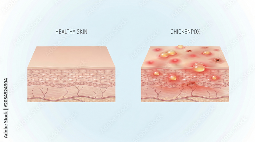 Chickenpox Virus Rash and Blisters on Human Skin Anatomy Comparison ...