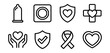 © Suriya - Set of sexual health and protection icons, including condom, birth control, heart shield, medical cross, care, checkmark, awareness ribbon and heart shape