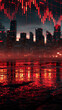 © pattozher - Red Cityscape and Financial Crisis: A dark, ominous cityscape shrouded in red light, with a downward-trending stock market graph superimposed, reflecting in the water below.