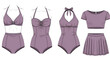 © Stock Image Paradise - Fashion designer creates 2D CAD Vector illustrations of women's purple swimsuits and outfits on white