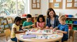 © Alva - Smiling teacher and diverse group of young children doing art and craft activities at a round table in a bright preschool classroom.