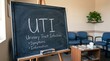 © Ulfi - A chalk-written medical presentation board clearly displaying 'UTI' with 'Urinary Tract Infection' and listing 'Symptoms' and 'Information' in a waiting room setting with chairs and tissue boxes