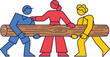 © Al - Three stylized figures in blue, red, and yellow colors collaboratively carrying a large wooden log, symbolizing teamwork and cooperation.