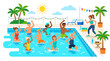 © faisal - People exercising in swimming pool, water aerobics class, fitness fun, sunny summer scene