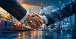 © NongEngEng - AI generated handshake between business partners global network overlay cargo port background symbol international trade logistics cooperation supply chain corporate partnership