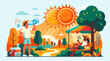 © Aris - Two people seeking relief from intense summer heat in a park, one drinking water and the other using a fan under a shaded canopy with a thermometer showing high temperature