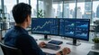 © ShortFilmStock - Financial trader monitoring stock market charts and crypto currency trading data on dual monitors in modern home office with urban background view.