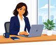 © PicTCoral - Businesswoman working on laptop at office desk with plant