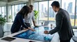 © Olivia - Diverse business team working on digital strategy with touch screen table, modern office collaboration, urban city background, global network analysis