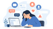 © Iminos - Woman feeling overwhelmed by digital notifications and social media.