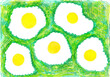 © Lesia - Childlike drawing of five sunny side up eggs resembling daisy flowers on lush green grass background. Farm, spring, Easter. Great for organic product packaging, menu design. Crayon, Pencil style.