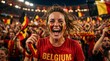 © Gerlot - A vibrant, close-up portrait of an ecstatic Belgian football fan cheering amidst a sea of supporters in a packed stadium.