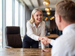© Athena Studio - Happy businesswoman shaking hands with a colleague after a successful negotiation or job interview.