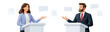 © pattozher - Debate and Dialogue: A man and a woman stand at podiums, engaged in a lively debate, with speech bubbles symbolizing communication and discussion.