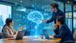 © Attasit - Futuristic Brainstorming Session: A team collaborates in a modern boardroom, interacting with a holographic display of a human brain, symbolizing innovation and advanced technology.