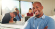 © peopleimages.com - Leader, portrait and businessman with smile in boardroom, copywriting or creative career development. Happy, copywriter and person with colleagues in business meeting, confident and collaboration