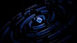 © ilham - Abstract 3D dark blue technology circular background. Futuristic data network processing grid with glossy glass particles on black backdrop, perfect for cyber security and quantum tech banner