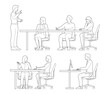 © SRTember - set of people working side view drawings outline, employees are having a meeting with desk and chairs. black minimalist line art illustration for architectural elevation, section.