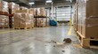 © ZHMPRO - Mouse foraging for food scraps on concrete floor in industrial warehouse with stacked boxes.