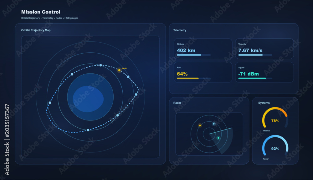 Mission Control Small Interface Space Mission Control Telemetry Dashboard Interface. Dark blue space ...