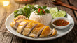 © ehab - Hainanese chicken rice with Vietnamese style presentation, beautifully plated on a rustic wooden table, steamed chicken with golden skin, fragrant rice, fresh herbs, cucumber slices, Vietnamese dippin