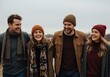 © tia - A group of friends laughing and walking together outdoors in casual winter clothing with cozy knitted hats and scarves