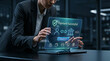 © Stock Studio - Professional woman interacting with a glowing digital interface showing a successful financial transaction payment confirmation screen