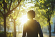 © Tetiana - Close up of walking on sunny path during early morning walk in autumn park, fitness wellness scene, generative AI