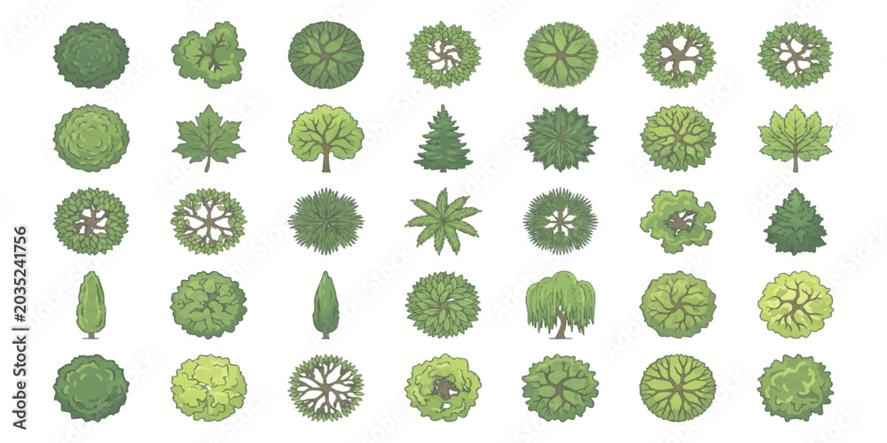 Flat green tree symbols top view icons set for architectural landscape ...