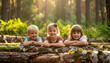 © magele-picture - Kinder spielen im Wald mit Baumstämmen