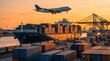 © AspctStyle - Global logistics network with container ship, cargo aircraft and freight train at industrial terminal during sunset