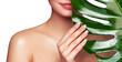 © Oleg Gekman - Close up woman face with green exotic leaf. Skin care beauty treatments concept. Model with clean, health skin of face. Monstera Leaves